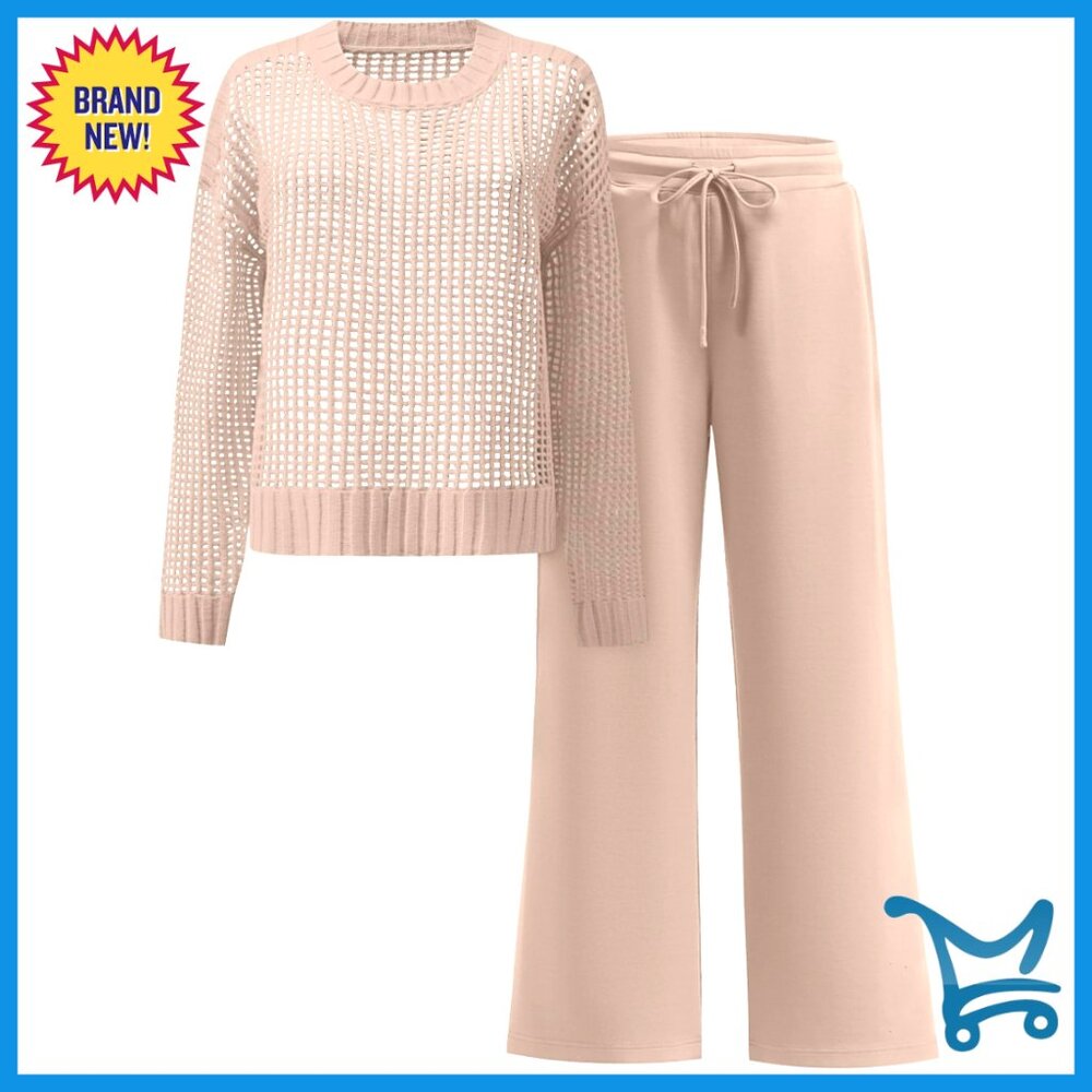Crochet Sheer Knit Sweater Top Wide Leg Pants Lounge Set Size M